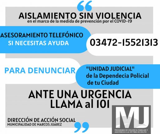 "Aislamiento sin violencia" mensaje del Programa de Violencia Familiar de Municipalidad de Marcos Juárez