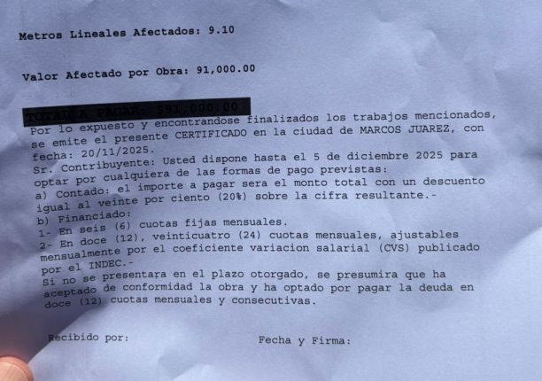 Obras de alumbrado en Marcos Juárez: así es la notificación y los montos a pagar